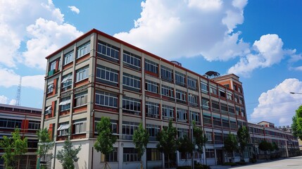 Hardware factory building with a large industrial-style exterior, metal doors and windows, loading docks for trucks, and signage for hardware production, surrounded by storage yards with stacked metal