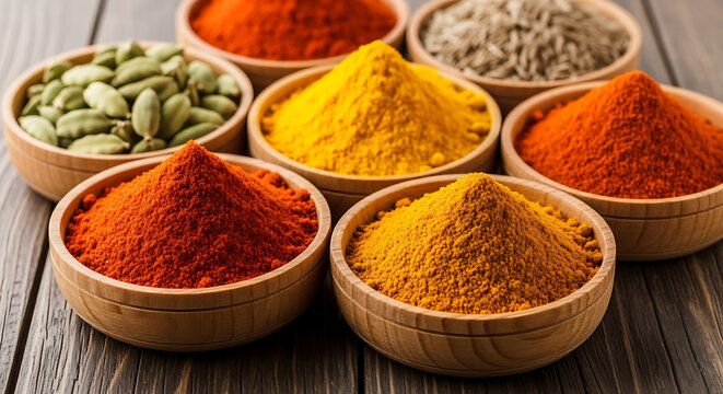Various colorful spices in wooden bowls on rustic wooden table top view