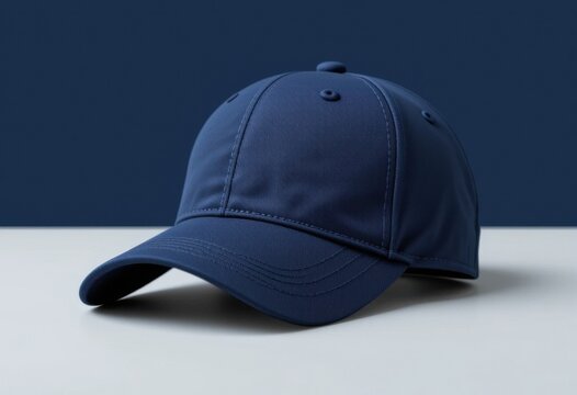 Maqueta de gorra de b&eacute;isbol azul marino con visera curva, exhibida sobre una superficie blanca limpia, plantilla simple para exhibici&oacute;n de marca moderna