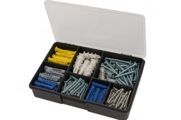Wall anchors and screws in organizer box for DIY
