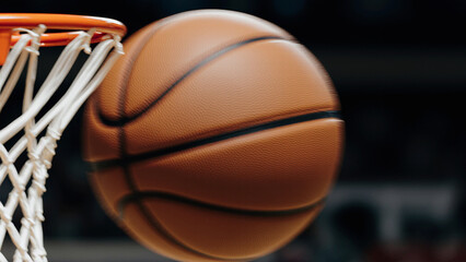 Basketball game moment, close-up of ball flying mid-air towards hoop, dynamic sports photography, motion blur, cinematic lighting