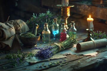 Herbal Apothecary Still Life with Lavender, Candles and Magic Potion Bottles