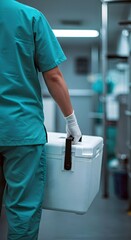 Medical professional carrying a cooler for organ transport, wallpaper, symbolizing organ preservation and transplantation logistics.