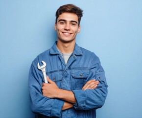 A confident young man in denim workwear holds a wrench against a bright, simple backdrop.