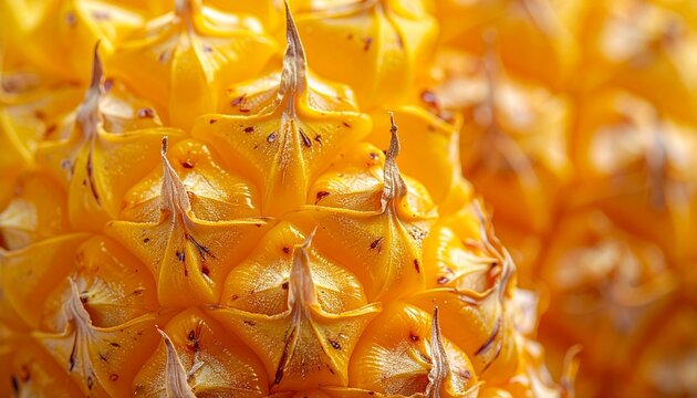 Macro close-up of freshly harvested ripe pineapple variety Honey Gold (Ananas comosus). Vibrant yellow flesh with detailed texture, tropical fruit freshness.