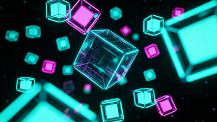 Floating neon cubes in a dark space with wireframe cube and glowing pink and blue squares around it