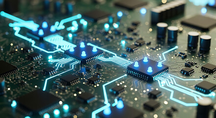 Close up of a computer circuit board with glowing blue light trails