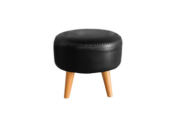 Black leather low stool with wooden legs