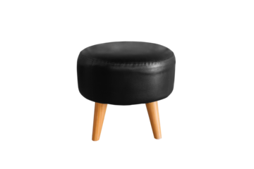 Black leather low stool with wooden legs
