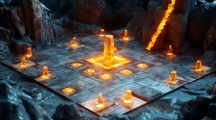 Mystical subterranean chamber illuminated by glowing energy structures and pathways