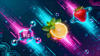 A strawberry, lemon, and mint with a b12 molecule on a neon glowing futuristic background design
