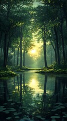 Obraz premium Tranquil Forest Reflections: A serene landscape featuring mirrored sunlight on water