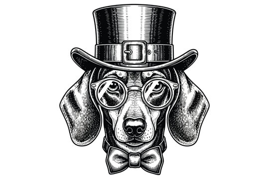 Vector art of a distinguished dachshund, sporting a top hat, round glasses, and a bow tie, rendered in a detailed engraving style for a vintage aesthetic