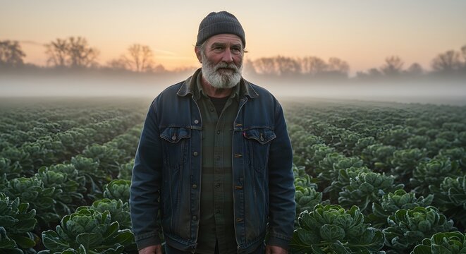 Bearded farmer standing in a misty field of crops at sunrise.