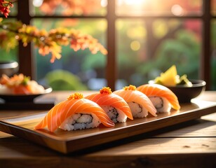 Delicious Salmon Sushi Platter in a Restaurant.