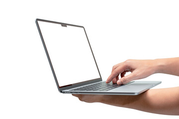 Hands using modern laptop with customizable blank screen. Isolated on transparent PNG. Concept for technology, business, finance and advertising.	