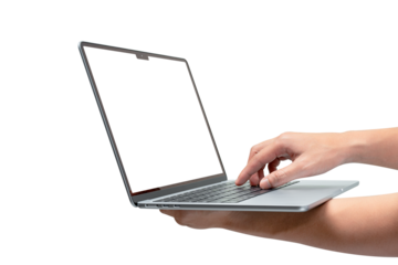 Hands using modern laptop with customizable blank screen. Isolated on transparent PNG. Concept for technology, business, finance and advertising.	