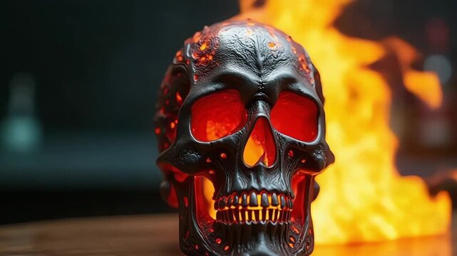Fiery Skull on a Dark Surface A macabre display of a skull engulfed in flames