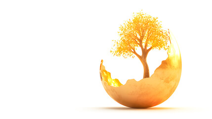 An artistic depiction of a broken egg suspended in midair unveiling a glowing golden tree representing transformation and natural beauty with  isolated on a  white  background
