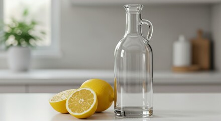 Clear glass bottle and fresh lemons on kitchen counter  