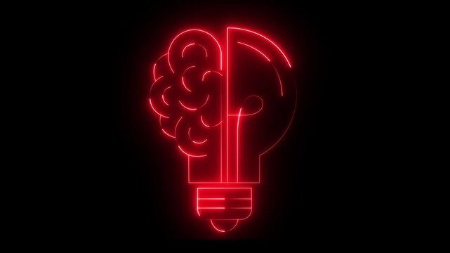Glowing neon light bulb and brain icon animation on black background. The human brain combined with an electric light bulb. light bulb icon animated on Symbol for creative and thinking idea concept.