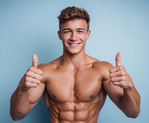 A muscular man displays a thumbs-up against a light blue backdrop, showcasing a confident and positive expression.