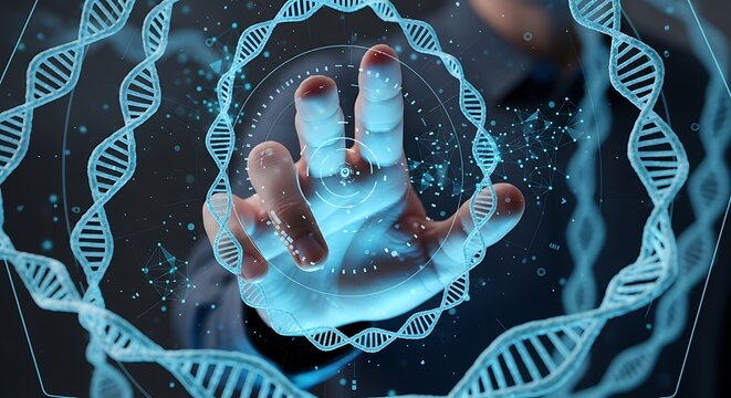 Hand interacting with dna helix structure in futuristic interface