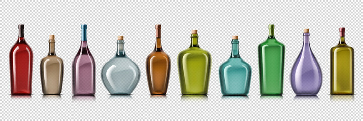 Realistic wine bottles. 3d vector colorful glass flasks in different shapes and sizes on transparent background. Containers for drink packaging, product mockups or beverage branding presentations
