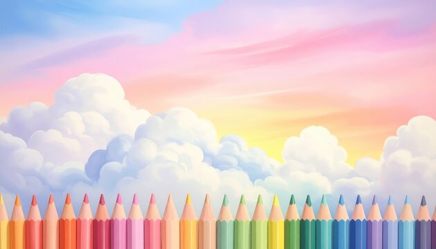 Vibrant composition showcasing a row of colorful pencils against a whimsical backdrop of puffy white clouds, and a pastel gradient sky with hues of pink, yellow, and blue, illustrating the concept of.