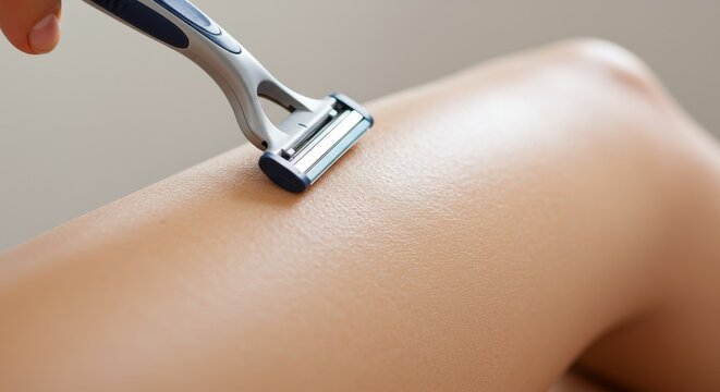 Woman shaving her leg with a razor on smooth skin closeup  