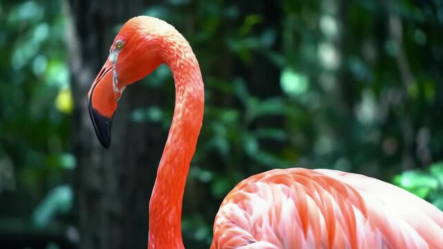 Captivating view showcases a vibrant flamingo bird with a brilliant pink and orange plumage, set against a lush green background with soft, blurred textures in natural daylight.