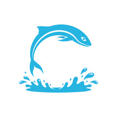 Stylized light blue fish jumping in an arc over a water splash logo.