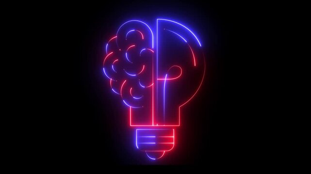 Glowing neon light bulb and brain icon animation on black background. The human brain combined with an electric light bulb. light bulb icon animated on Symbol for creative and thinking idea concept.