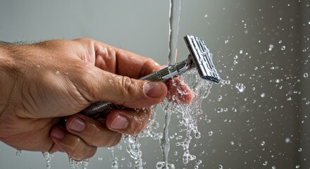 Man holding razor under running water with splashing droplets  