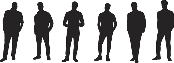 Male silhouettes in standing poses, body posture, gesture variation, side and front view, minimal style, flat vector illustration