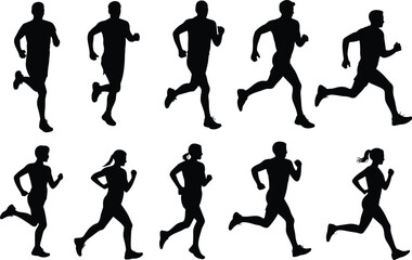 Running people silhouettes, athletic motion, diverse body types, dynamic stride, fitness concept, human movement, sports energy, flat vector illustration