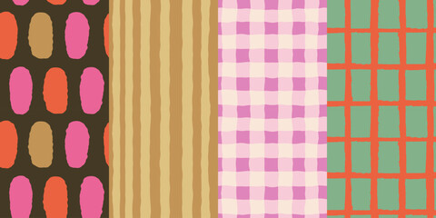 Vector set of seamless patterns – abstract hand-drawn quirky doodles, striped, plaid, and checkered designs – festive, party, and Christmas decorative wrapping paper and textile backgrounds