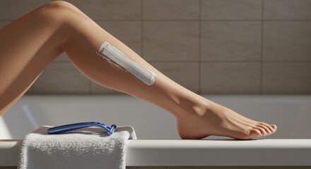 Woman shaving her leg with shaving cream in bathroom tub