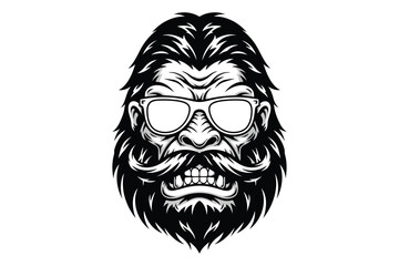 Obraz premium Vector art of monochrome illustration of a bigfoot face with sunglasses, showcasing a cool and mysterious vibe, perfect for branding, apparel, or creative projects