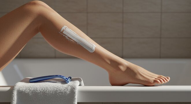 Woman shaving her leg with shaving cream in bathroom tub   - Powered by Adobe