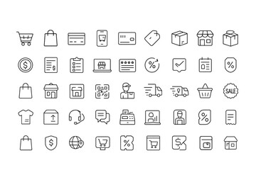 Collection of outline icons representing e-commerce and online shopping concepts. Includes shopping cart, payment, barcode, smartphone, sale, delivery