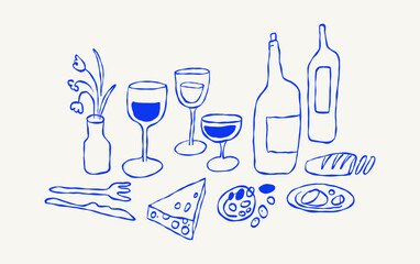 Vector hand drawn quirky doodle illustration, wine party, menu bar cover, party invitation banner