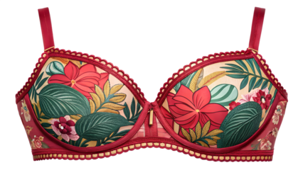 Elegant red floral embroidered bra lingerie design with tropical leaves isolated on transparent background.