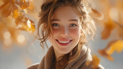 Fototapeta premium Autumnal Radiance: A woman with captivating smile basks in the warm glow of autumn, framed by falling leaves. Capturing a portrait of joy and beauty.