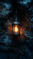 Glowing lantern casting a warm light against the rough textured stone surface