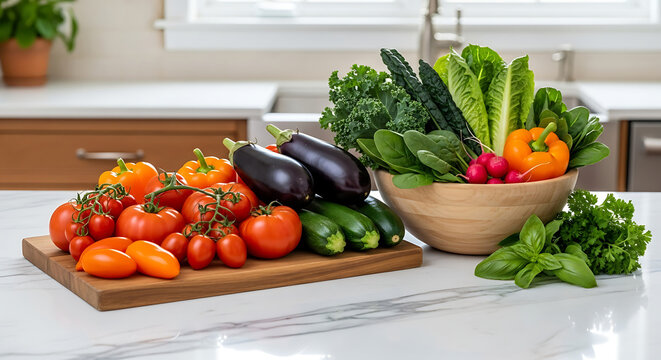 Fresh vegetables on a kitchen counter, ready for a healthy meal preparation