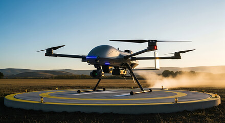 Drone takes off from a launchpad in a rural field during golden hour