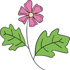Simple Pink Flower with Green Leaves on Black Background Illustration