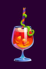 Halloween holiday cocktail or scary drink with candy corn, cartoon vector. Halloween horror night and trick or treat party magic potion cocktail glass with candy caramel and slime on drinking straw