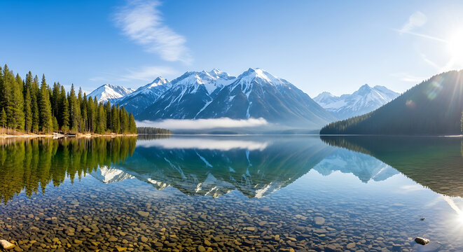 Scenic lake with snowcapped mountains reflecting in the crystal clear water